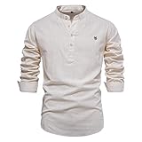 Rosennie Schwarzes Tshirt Herren Smoking Herren T-Shirt Stehkragen Einfarbig Knopfleiste Hawaiihemd Baumwoll Leinen Sommerhemd Langarm Basic Langarmshirt  Longshirt (Beige, L)