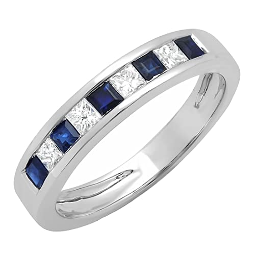 Dazzlingrock Collection Alternate Princess Blue Sapphire & White Diamond Channel Set Wedding Band for Women in 10K Solid Gold