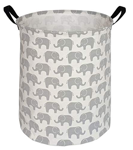 Image of HUAYEE 19.7 Inches Laundry Hamper Toys Box Storage Bins Canvas Waterproof Collapsible Clothes Organizer Basket with Handle Freestanding Large Cute Light Weight for Home Kids Baby Room (Grey Elephant)