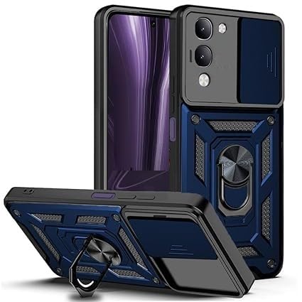 Image of SPAZY CASE Vivo T4 Lite 5G Back Cover | Heavy Duty Hybrid Case with 360 Degree Rotating Finger Ring Holder + Slider Shutter Camera Protection Case for Vivo T4 Lite 5G - Blue