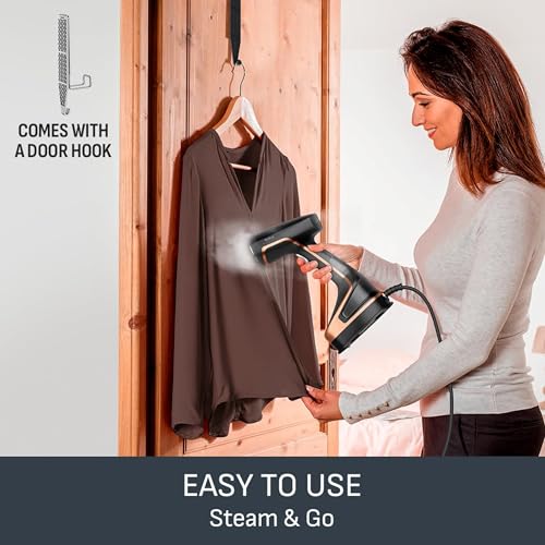 Tefal Access Steam+ Handheld Clothes Steamer, 1600W, 26 g/min Steam, No Ironing Board Needed, 2 Steam Levels, Sanitising Steam, Black & Rose Gold, DT8103