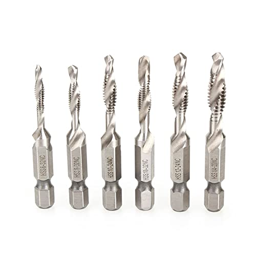 6pc Hex Shank HSS Screw Spiral Point Thread Metric Plug Hand Tap Drill Bits 6-32NC, 8-32NC, 10-32NC, 10-24NC, 12-24NC, 1/4-20NC MINGPING