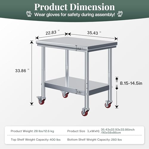 Image of Jocisland 24 inch x 36 inch Stainless Steel Table for Prep & Work, Food-Grade Stainless Steel with Wheels, Adjustable Under Shelf & Safe Design for Restaurant, Home and Outdoor