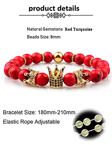 Gvusmil Imperial Luxury Crown Natural Gemstone Beads Bracelet Charm Royal Jewelry For Women Men Boys Girls (Red Turquoise) #TOP1