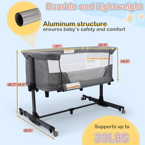 Xilingol 5-in-1 Bassinet Bedside Sleeper with 5 Adjustable Heights, Aluminum Baby Bassinet | Rocking Cradle | Playpen with Breathable Mesh & Mattress, Portable Crib with Carry Bag & Universal Wheels - Thumbnail 3