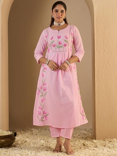 Image of INDO ERA Women's Pure Cotton Floral Embroidered A-Line Kurta & Pant With Dupatta Set (IEBGC11750)