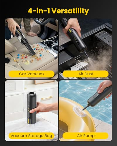 Image of Mr.ego Handheld Car Vacuum Portable Cordless, 4-in-1 Mini Vacuum with 18500Pa Strong Suction, Desk Vacuum Cleaner and Air Duster with Green LED Light for Small Jobs, Car, Home, Keyboards (Black)