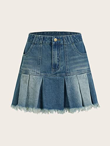 Sweatyrocks Women's Casual Ruffle Pleated Denim Skirt Raw Hem Short A Line Jean Skirts Dark Wash Xs #TOP4