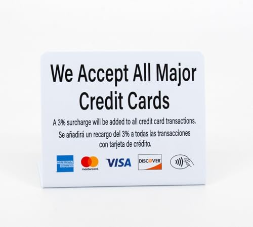 3pk Credit Card Payment Signs, Bilingual 3% Surcharge Notice English and Spanish, Countertop Display...