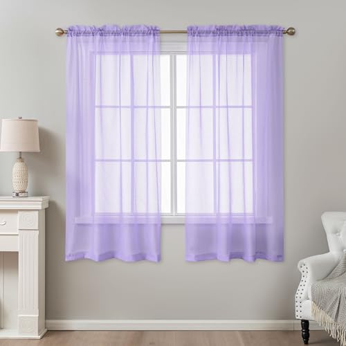 Image of Purple Sheer Curtains 63 Inch Length, Privacy Semi Sheer Curtains for Living Room Bedroom, Light Filtering Rod Pocket Voile Window Drapes 2 Panels Set, Each 42 inch W x 63 inch L