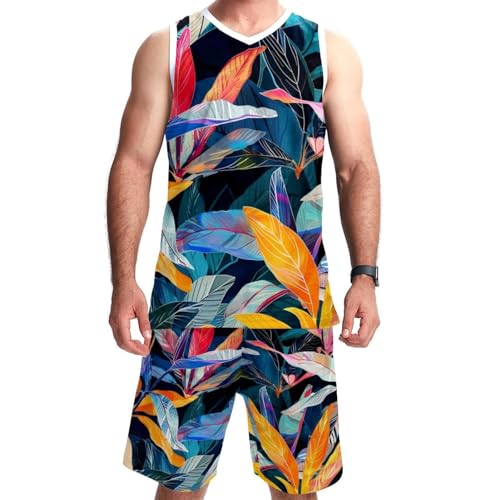 Combinaison de basket-ball mixte à motif de plantes tropicales multicolores taille 5XL avec poches