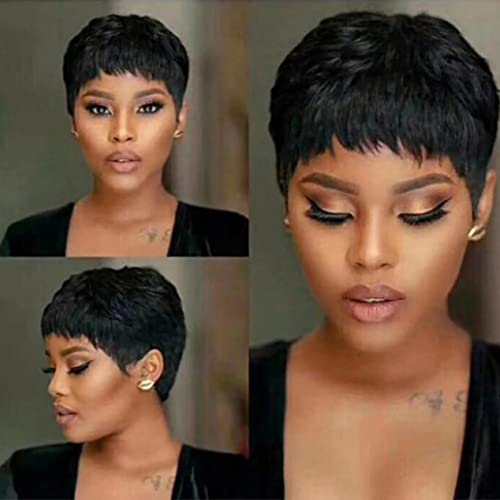 Wigs Meches Perruques de Cheveux Humains Pour les Femmes Bangs Noires Perruques Bob Cheveux Humains Bouclés Courts Pixie Cut black Cover