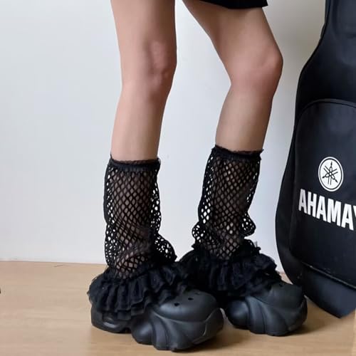 Image of SOLILOQUY Women Y2K Ruffle Lace Leg Warmer Kawaii Lolita Long Thigh High Socks Harajuku JK Tiered Sheer Tulle Boot Cuff Cover