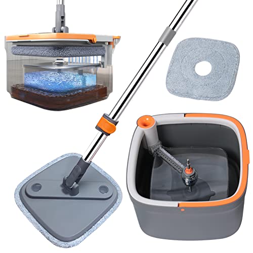 Spin Mop and Bucket, Separates Dirty and Clean Water, Upgraded Square Microfiber Mop for Floor Cleaning, Flat Mop with 2 Washable & Reusable Microfiber Pads for All Types Floors (Spin mop)