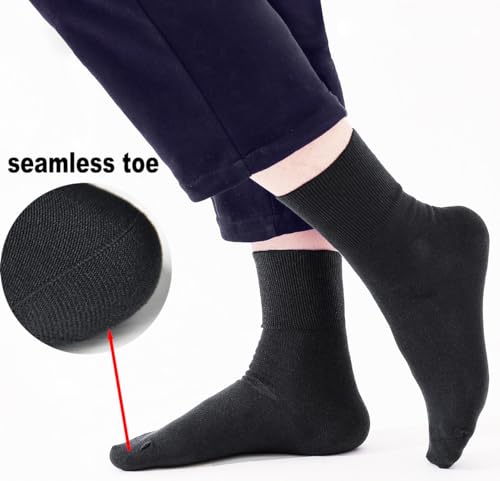 Rubber-Free Loose Wide Calf Cotton Crew Socks for Men and Women, Non-Binding Seamless Dress Socks Black, 5 Pairs4