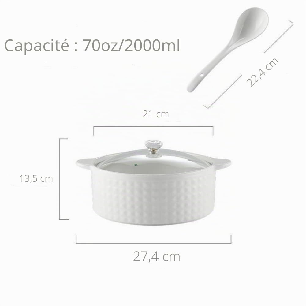 Soupière avec couvercle et louche, 2 L en céramique avec couvercle en verre, bols à soupe avec double poignée, en porcelaine, blanc, passe au micro-ondes et au lave-vaisselle