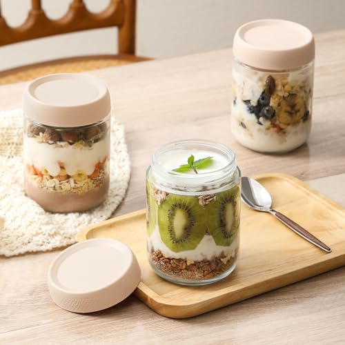 Image of NETANY 6-pack 16oz Glass jars with Airtight Lids, Overnight Oats Containers with Lids, Wide mouth Mason Salad jars, Glass Food Storage Containers for Snacks Yogurt Spice Sugar-Beige