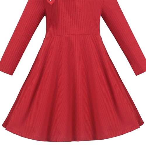 Sunny Fashion Girls Dress Red Christmas Stripe Pearl Vintage Party Long Sleeve4