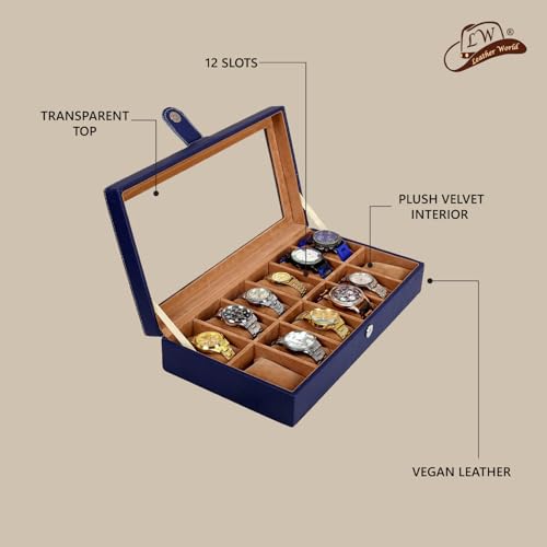 Image of Leather World Faux Leather Watch Box Organizer For Men & Women - Wrist Watch Box Holder 12 Slots - Removable Pillows Display Case - Gift for Loved Ones - BLue