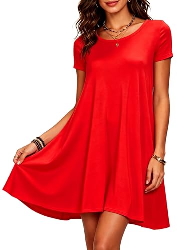 Image of Afibi Womens Short Sleeve Loose Pockets Dress Casual Swing T-Shirt Dresses