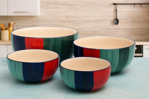 Image of HS Hindustani SAUDAGR Saffron Indigo Delight Multi Size Ceramic Bowls 1000 ML, 750 ML, 500 ML and 350 ML, Set of 4 Microwave Safe Bowls katori Ideal for Snacks Rice dal Desserts and Gifting.
