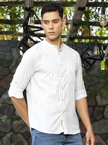 Image of Thomas Scott Men's Slim Fit Cotton Linen Casual Shirt with Mandarin Collar | Vertical Stripes | Three-Quarter Roll-Up Sleeves