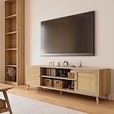 GEBAROW TV Stand for 75+ Inch TV, Entertainment Center with Adjustable Shelf, Rattan TV Console with 2 Storage Cabinets, Mid Century Modern TV Console Table for Living Room Bedroom