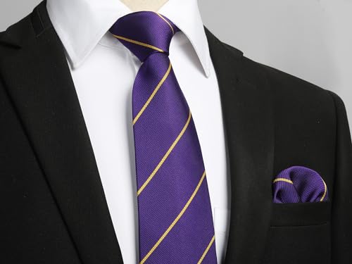 Image of HISDERN Stripe Tie Mens Ties with Pocket Square Set Classic 3.4'' Silk Formal Necktie Handkerchief for Business Wedding