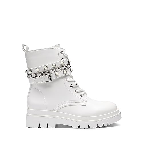 DREAM PAIRS Women's Fashion Platform Combat Boots Lace Up Lug Sole Goth Ankle Booties Shoes,Size 9,White,SDAB2208W