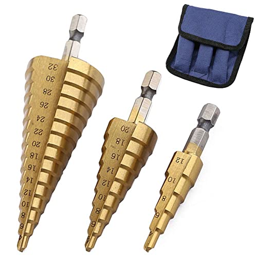 Zaptec Industrial HSS Step Drill Bit 3 Pcs Set 1/4" (4-12mm, 4-20mm & 4-32mm) Hex Shank High-Speed Steel Cone Drill Bit Kit for Metal Sheets, Plastic, Wood, Aluminum Hole Drilling (B0CZT56QYK) Amazon Price History, Amazon Price Tracker