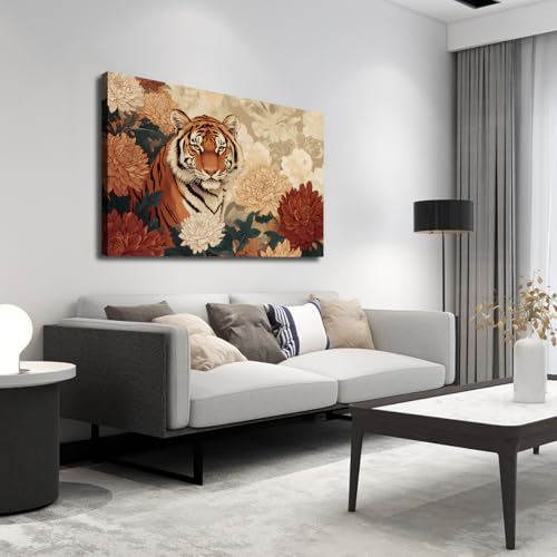Tableau tigre et chrysanthèmes toile déco 40x56 cm - 2