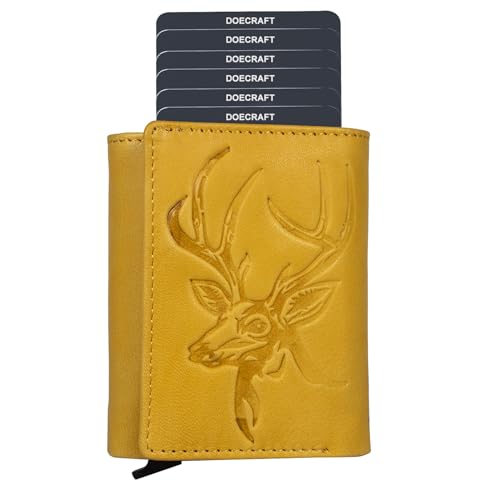 Image of Men's Genuine Leather RFID Wallet | Premium Slim Red Wallet for Men with Deer 3D Print | 8 Card Slots Secure and Durable | Casual Stylish | Formal & Gifting Use, Yellow and Silver