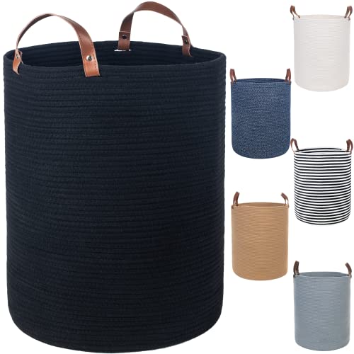 Caroeas 80L Large Cotton Rope Basket, Rope Baskets with Leather Handles, Woven Blanket Basket, Basket for Toys, Collapsible Rope Laundry Basket (41cm(D) x51cm(H), Black) Black 41cm(D) x51cm(