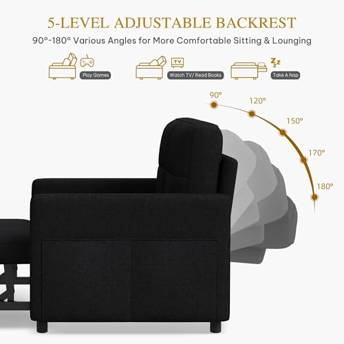 DWVO 55" Convertible Sofa Bed, 3-in-1 Sleeper Sofa with Pull-Out Bed, Linen Futon Couch with Side Pocket and Adjustable Backrest, Modern Loveseat for Living Room, Balck