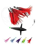 BLUEWING Tuna Feather Daisy Chain Fishing Teaser Lure with 6in Feathered Trolling Squids and Stainless Steel Hook Big Game for Tuna Mahi Wahoo Marlin, Black/Red