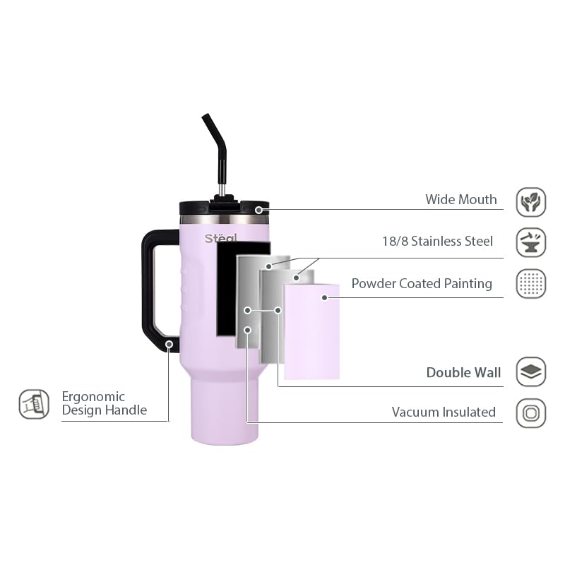 Image of Tumbler with Straw - 1.2L Insulated Coffee Tumbler with Handle | Keeps Drinks Hot 12h Cold 24h | Leakproof Travel Sipper for Office Gym | Stainless Steel Straw