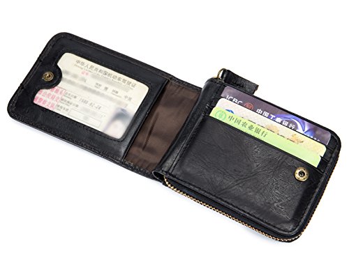 Image of BULLCAPTAIN Mens Leather Wallet Zipper RFID Blocking Wallets Coins Purse (Black)
