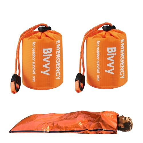 2 Pcs Emergency Sleeping Bag with 2 pcs Reusable Survival Blanket, Lightweight Bivvy Bag with Survival Whistle, Shelter Blanket Bags, Thermal Bivy Sack for Camping, Hiking, Outdoor Use