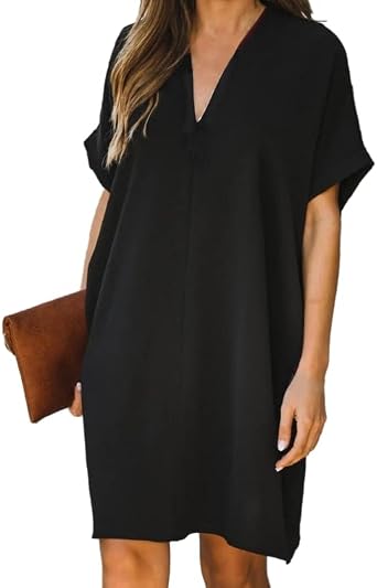 Womens Solid Color Casual Short Sleeve V Neck Dress Loose Fit Summer Shift Dress V Neck Dress Shirts for Women