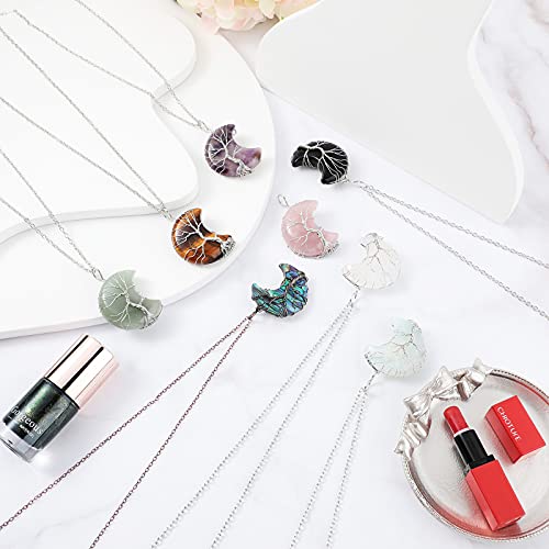 8 Pieces Life Tree Crescent Moon Necklaces Wire Wrap Natural Stones Crystal Pendant Necklaces Reiki Crescent Moon Pendant Necklaces Natural Quartz Jewelry With Exquisite Velvet Bag For Women Girls #TOP1