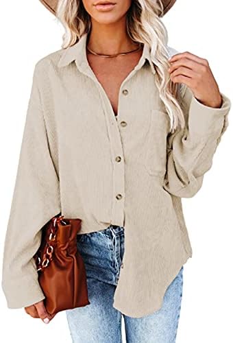 Dokotoo Womens V Neck Roll Up Long Sleeve Pocket Corduroy Shirts Casual Boyfriend Button Down Petite Blouses M Beige