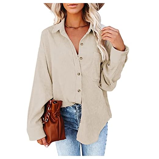 Dokotoo Womens V Neck Roll Up Long Sleeve Pocket Corduroy Shirts Casual Boyfriend Button Down Petite Blouses M Beige