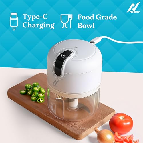 Image of NexLev Mini Electric Chopper | 3D Stainless Steel Blade | Food Grade Bowl | For Mincing Garlic Ginger Onion Vegetable Meat Nuts | 250 ml | One Touch Operation | MC-01