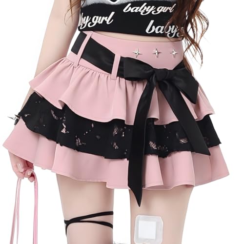 RILGOU Kawaii Lolita Gothic Clothes Casual Ribbon Zipper High Waist Rivet Trim Lace Layered Pleated Short Skirt L