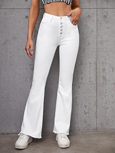 SweatyRocks Women's Casual High Waisted Flare Leg Jeans Raw Hem Bell Bottom Denim Pants4