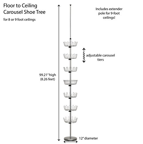 Household Essentials 2197-1 Floor to Ceiling Adjustable 6-Tier Revolving Shoe Rack with Basket - Silver - Thumbnail 3