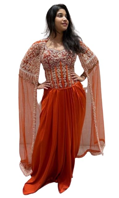 Lehenga Choli Indo-Western Draped Set For Womens And Girls Trending Embroidery cording work ready to wear saree with Embroidery Blouse indowestern Wedding Saree Orange-image-48