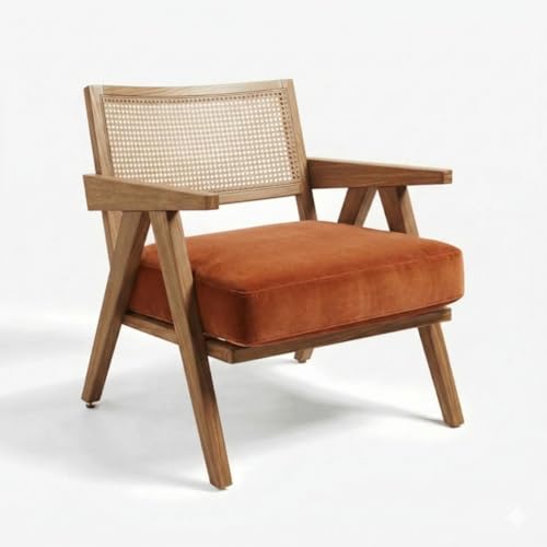 Image of Kingsman Furnitures ABEL Rattan Teak Wood Accent Arm Chair for Home Bedroom, Living, Dining, Drawing Room | Ultra Soft and Comfortable for Stress Free | Removable Cushion (KF-Bronx-BurntOrange-Velvet)