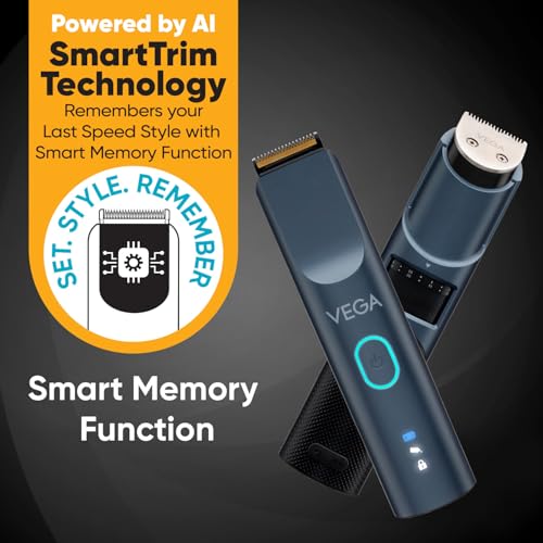 Image of VEGA Smartone S2 Trimmer For Men With Ai Smarttrim Technology, 160 Mins Runtime, USB Type C, Ipx7 Waterproof & 40 Length Settings, 3 Unique Speed Modes, Rubber Grip, Travel Friendly, (Vhth-31), Blue
