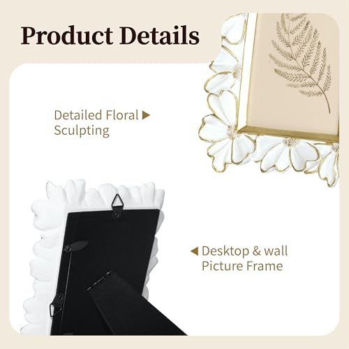 Image of Antique Floral Picture Frame - Resin & Glass Victorian-Style Frame for Tabletop or Wall Decor (White, 4 inch x 6 inch)